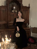 French Black Velvet Spaghetti Strap Midi Dresses for Women Autumn Elegant Party 2-piece A-line Evening Prom Female Clothing