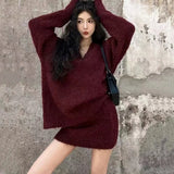 Darianrojas  -  holiday outfits Spring New Korean Loose Lazy V-neck Long Sleeve Knitted Sweater+High Waist Short Skirt Two Piece Set for Women