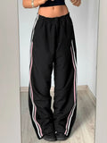 Side Stripe Patchwork Elastic High Waist Track Pants Women Street Style Black Casual Loose Hippie Straight Leg Baggy Trousers