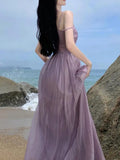 Summer Purple Fairy Evening Party Long Dress Women Vintage Sexy Dresses Ladies Spaghetti Strap Tulle Pleated Dress Backless New