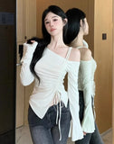 T-shirts Slim Autumn Off Shoulder Fashion Casual All-match Comfortable Sexy European Style Simple Solid Apricot Lace-up Students