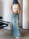 New Autumn Women's Blue Pocket Denim Long Skirts Vintage High Wasit Jeans Skirt Straight A-line Wrapped Hips Pencil Skirt Female