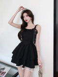 Korean Style Black Corset Dress Women Fairycore Cute Mini Lolita Dresses Y2k Ribbon Folds Layered Slip Party Vestidos