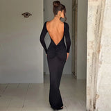 Elegant Open Back Ruched Sexy Bodycon Maxi Dress Birthday Outfits for Women Long Sleeve Dresses Gown Club Party