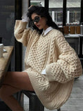 Women Overtised Loose Solid Long Sleeve Knit Cardigan Elegant O Neck Short Sweaters Autumn Lady High Streetwear