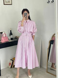 Darianrojas  - holiday outfits Spring Summer Women's Long Striped Shirt Dress with Belt Full Sleeve Stand Collar Slim A-line Dresses Female