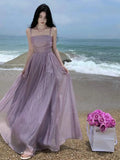 Summer Purple Fairy Evening Party Long Dress Women Vintage Sexy Dresses Ladies Spaghetti Strap Tulle Pleated Dress Backless New