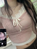 Sweet Y2K Lace Contrast Patchwork Slim Long Sleeve Pink T Shirt Women 2000s Cute Kawaii Clothes