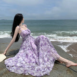 French Vintage Purple Print Long Dresses for Women Summer Sexy Backless Sleeveless Ruffles Beach Holiday Female Clothing
