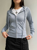 Gray Slim Zip Up Jackets Hoodies For Women Pockets Long Sleeve Ribbed Solid Simple Basic Casual Preppy Sweatshirts