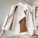 Winter Sheep Wool Coat Women Thick Warm Long Sleeve Zipper Pocket Jacket Women Fashion Leather Motorcycle Jacket Coats