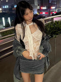 Y2k Aesthetic Lace Bandage Tops Vintage Harajuku Hollow Out Sheer T Shirt Streetwear See Through Shirt Fairy Retro Mesh Tees