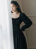 Long Fairy Dress French Style Spring Autumn Women Square Collar White Black Bandage Dress Classical Feminine Chic Dress