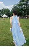 Summer Beach Holiday Midi Dress French Neck-mounted Sleeveless Bow Female Clothing Loose Casual A-line Blue Princess Dress