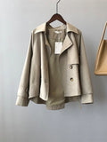 Japanese Turn down Collar Full Regular Sleeve Khaki Trench Loose Straight Short Khaki Office Lady Fabric Belt Coat