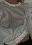 Fashion White Elegant Striped See Through Women Tops Outfits Long Sleeve T-Shirts Tees Skinny Club Party Clothes