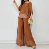 Darianrojas  -  Spring Splicing Sequin Chiffon Set Women Casual Round Neck Top Pullover & Wide Leg Pants Suit Summer Batwing Sleeve Loose Outfit