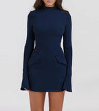 Dark Blue Two Pocket Sexy Mini Dress For Women Autumn Winter New Long Sleeve Bodycon Club Party Dress Elegant