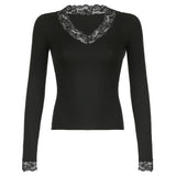 Black Lace Trim V-Neck T-Shirt Women Solid Slim Basic Long Sleeve Top Tees All-Match Autumn New