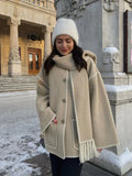 Elegant Loose Women's Coat With Scarf Fashion Long Sleeve Pocket Single Breasted Female Coats Autumn Winter Lady Jacket