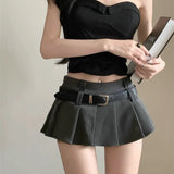 Sexy Pleated Mini Skirt with Shorts Women Korean High Waist Belt Slim A-line Miniskirt Grey Black School High Street