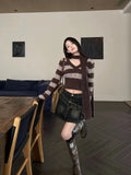 Autumn Winter Woman Korean Fashion V-neck Striped Pullovers Cropped Sweaters Dark Academia Jerseys Y2k Knitwears Gyaru Jumper