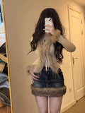 Washed Fur Paneled Denim Skirt for Women Retro Sexy Hot Girl High Waist A-line Skirt Y2k Skirt Fashion Casual Package Hip Skirt
