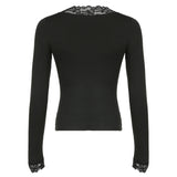 Black Lace Trim V-Neck T-Shirt Women Solid Slim Basic Long Sleeve Top Tees All-Match Autumn New