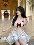 Sweet bow Dress Women V Neck Kawaii Lace Trim Mini Dress New French  Floral A-line Princess Dress Elegant Party Dresses