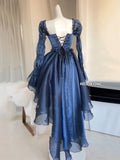 High-low Trailing Princess Mini Dress Women Puff Sleeves Lace Up Frill Trim Royal Blue Satin Wedding Party Ball Gown