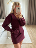 Darianrojas  - holiday outfits Casual Knitted Women 2 Pieces Set V-neck Long Sleeve Sweater A-line Skirts Wine Red Female Sets Autumn Fashion Lady Outfits