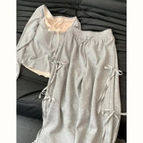 Korean Spring Wear Grey Casual Top Female  New Bow Design Super Sweet High Waist Slim Wide-leg Pants Two-piece Set