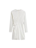 Female Summer Vintage Mini Dresses White O-Neck With Ruched Long Sleeve Zipper Elegant And Pretty Women's Sheath Dresses