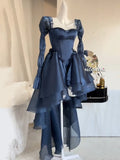 High-low Trailing Princess Mini Dress Women Puff Sleeves Lace Up Frill Trim Royal Blue Satin Wedding Party Ball Gown