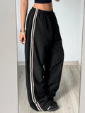 Side Stripe Patchwork Elastic High Waist Track Pants Women Street Style Black Casual Loose Hippie Straight Leg Baggy Trousers