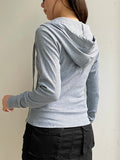 Gray Slim Zip Up Jackets Hoodies For Women Pockets Long Sleeve Ribbed Solid Simple Basic Casual Preppy Sweatshirts