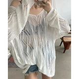 White Knitted Sweaters Women Summer Oversized Sexys Mujer Hollow Out Crochet Top Long Sleeve Sunscreen Korean Fashion