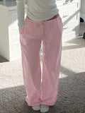 Pink Solid Loose Casual Woven Straight Leg Pants Women Drawstring Low Waist Y2K Baggy Jogging Trousers