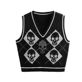 Darianrojas  -  Y2K Gothic Knit Sweater Vest Skull Argyle Print Pattern Knitwear V-neck Pullover Fashion Jumper Top Women Halloween Streetwear