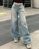 Y2k Vintage High Waisted Blue Washed and Distressed Jeans Fashion Harajuku Baggy Straight Pants Casual Classic  Trousers New