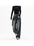 Korean Fashion Women's High Waist Straight Streetwear Style Blue Jeans Pants Y2K Vintage Wide Leg Female Baggy Trouser Denim