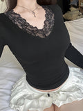 Black Lace Trim V-Neck T-Shirt Women Solid Slim Basic Long Sleeve Top Tees All-Match Autumn New