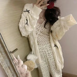 Kawail Hollow Out Knitted Cardigan Bow Knot Sweater Japanese Fashion Women Aesthetic Knitwear Spring Cute Sweet Preppy