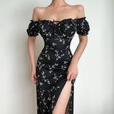 Off Shoulder Flower Print Sexy Dress For Women High Split Elegant Long Dresses Backless Bodycon Summer Dress Vestidos