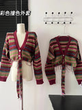 Autumn Winter Woman Vintage Striped Cardigan Long Sleeve Cropped Sweaters Aesthetic Bolero Baddie Style Core Tops Designer Tide