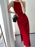 Korean Summer Elegant Slim Red Sleeveless Midi Dress Office Lady Fashion Spaghetti Straps Bodycon Split Clothes Women Vestidos