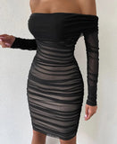 Shoulder Mesh Party Dress Women Clothing Sexy Club Backless Ruched Bodycon Dresses Long Sleeves Autumn Vestidos