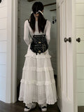 Fairycore White Long Skirt Women Korean Fashion Cute Hook Flower Patchwork Ruffle High Waist A-line Maxi Skirt Mori Girl