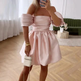 Fashion Solid Waist Ball Prom Dress Sexy Ladies Strapless Puff Sleeve A-line Dress Elegant Off Shoulder Draped Party Dress