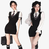 Darianrojas  -  Korean Preppy Style Dress Women Y2k Sweet Spicy Fashion Fake Two-piece Set Bubble Sleeves Polo Collar Mini Dress Autumn Summer